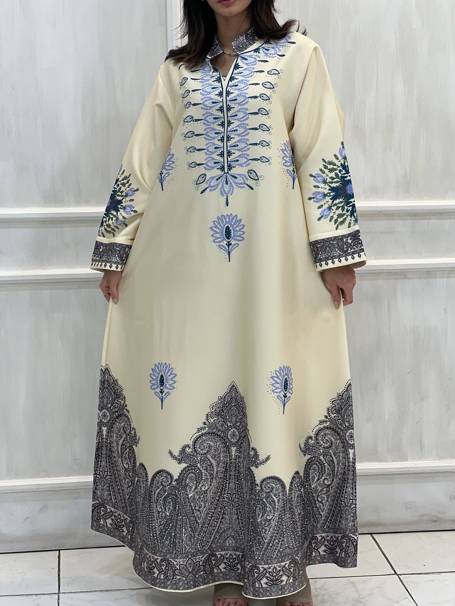 Najmt Maher SA-038 Printed Paisley Crystal Crepe Kaftan
