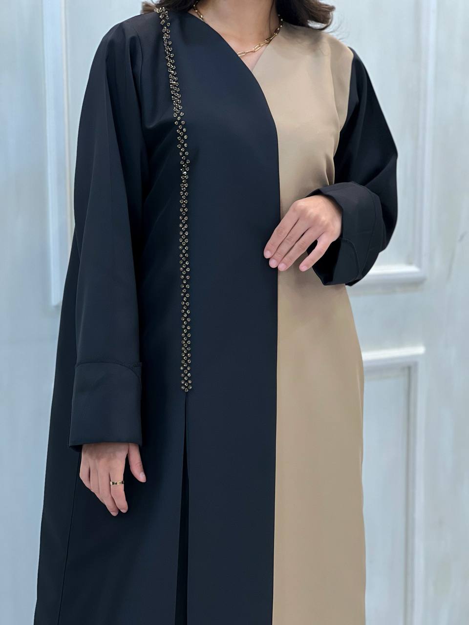 Al Dhabyaniyah Two-Tone Black & Gold Beaded Satin Abaya