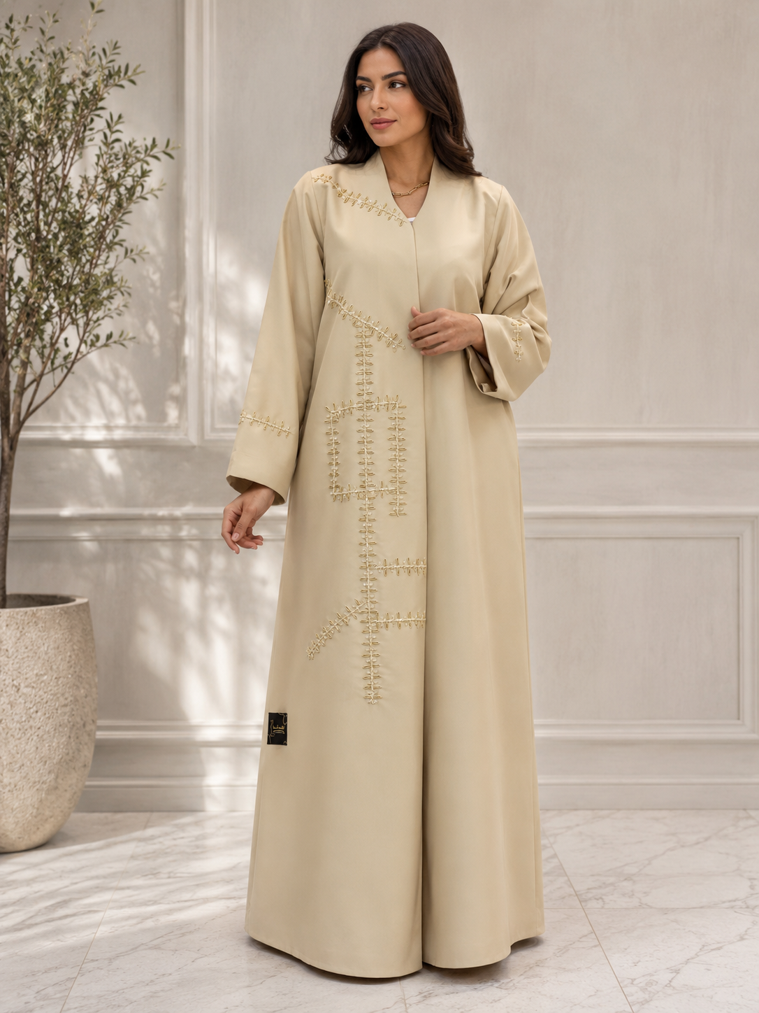 Al Dhabyaniyah Beige Handwork Beaded Satin Abaya