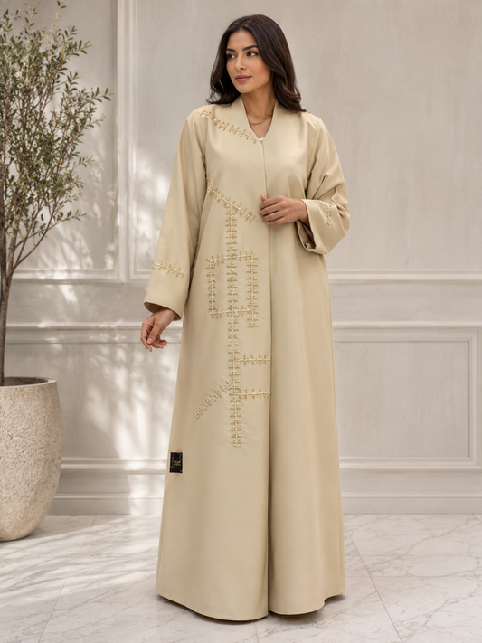 Al Dhabyaniyah Beige Handwork Beaded Satin Abaya