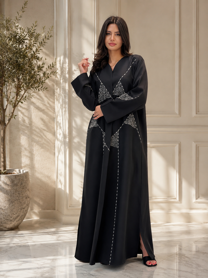 Al Dhabyaniyah Geometric Embroidered Structured Satin Abaya