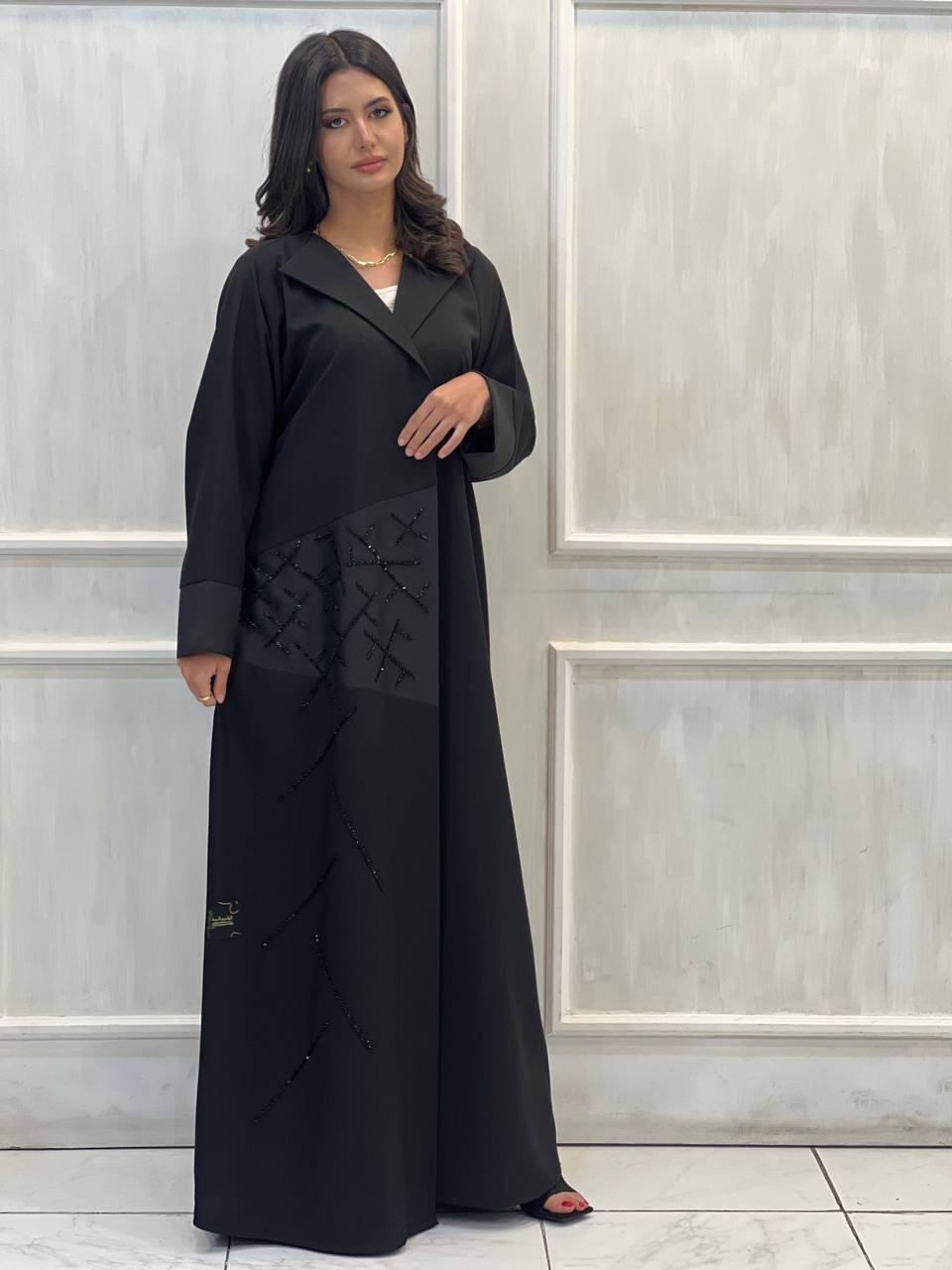 Al Dhabyaniyah Noir Coat Beaded Marina Abaya