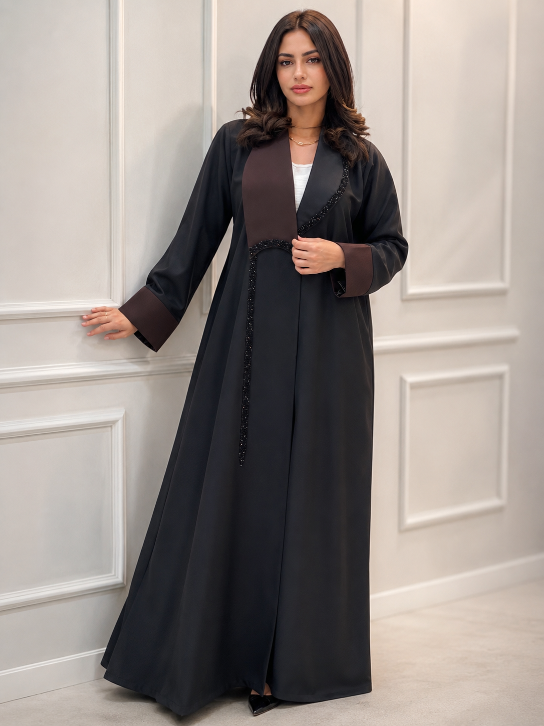 Al Dhabyaniyah Brown Collar Beaded Marina Abaya