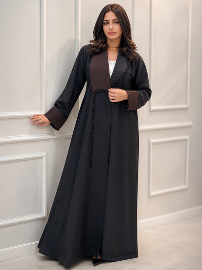 Al Dhabyaniyah Brown Collar Beaded Marina Abaya