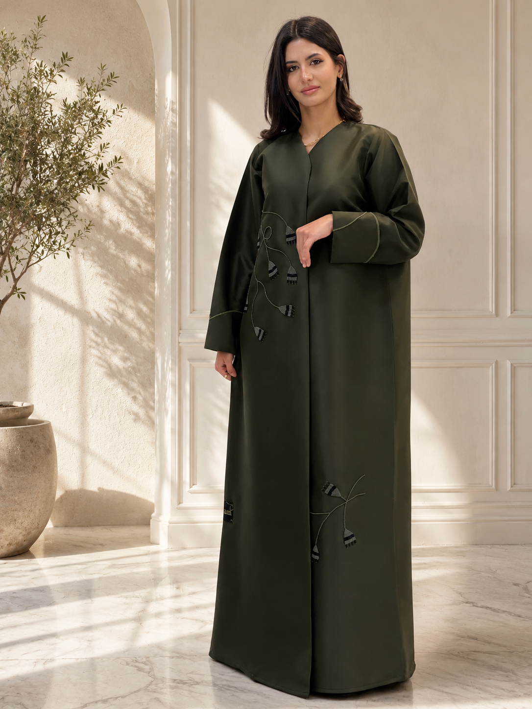 Al Dhabyaniyah Royal Green Tassel Beaded Satin Abaya