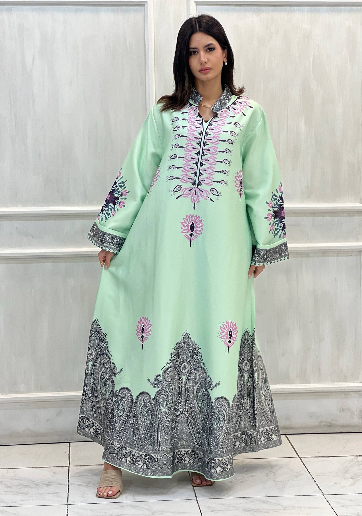 Najmt Maher SA-038 Printed Paisley Crystal Crepe Kaftan