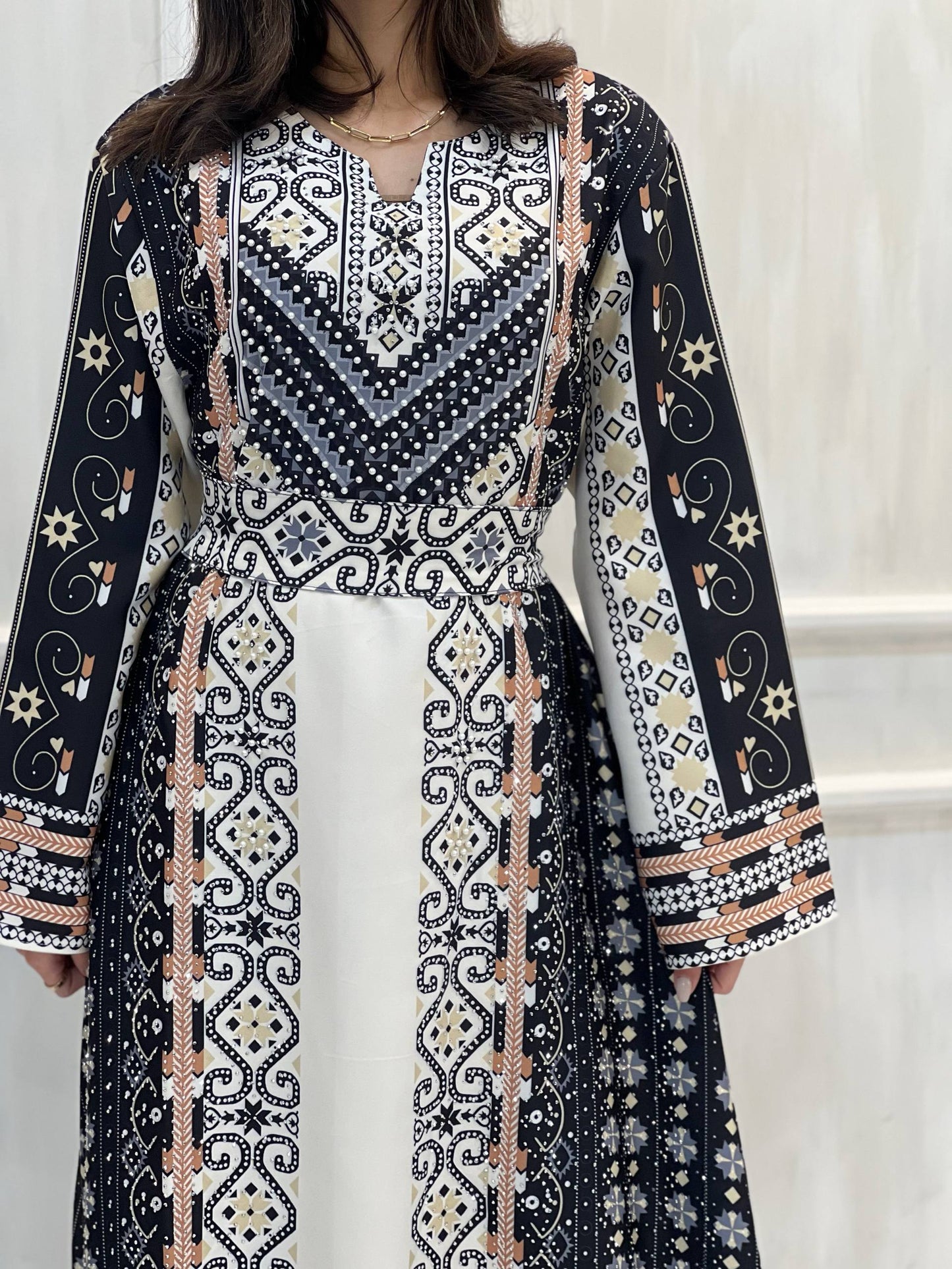Najmt Maher Printed Heritage Turkish Crepe Dress with Belt