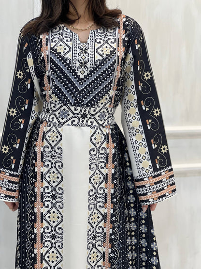 Najmt Maher Printed Heritage Turkish Crepe Dress with Belt