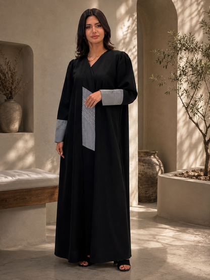 Al Dhabyaniyah Grey Panel Beaded Japanese Marina Abaya