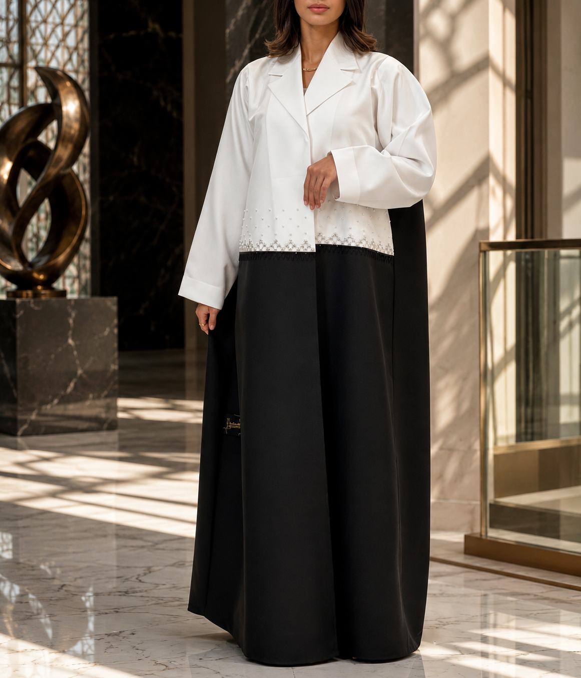 Al Dhabyaniyah Two-Tone White & Black Pearl Beaded Satin Abaya