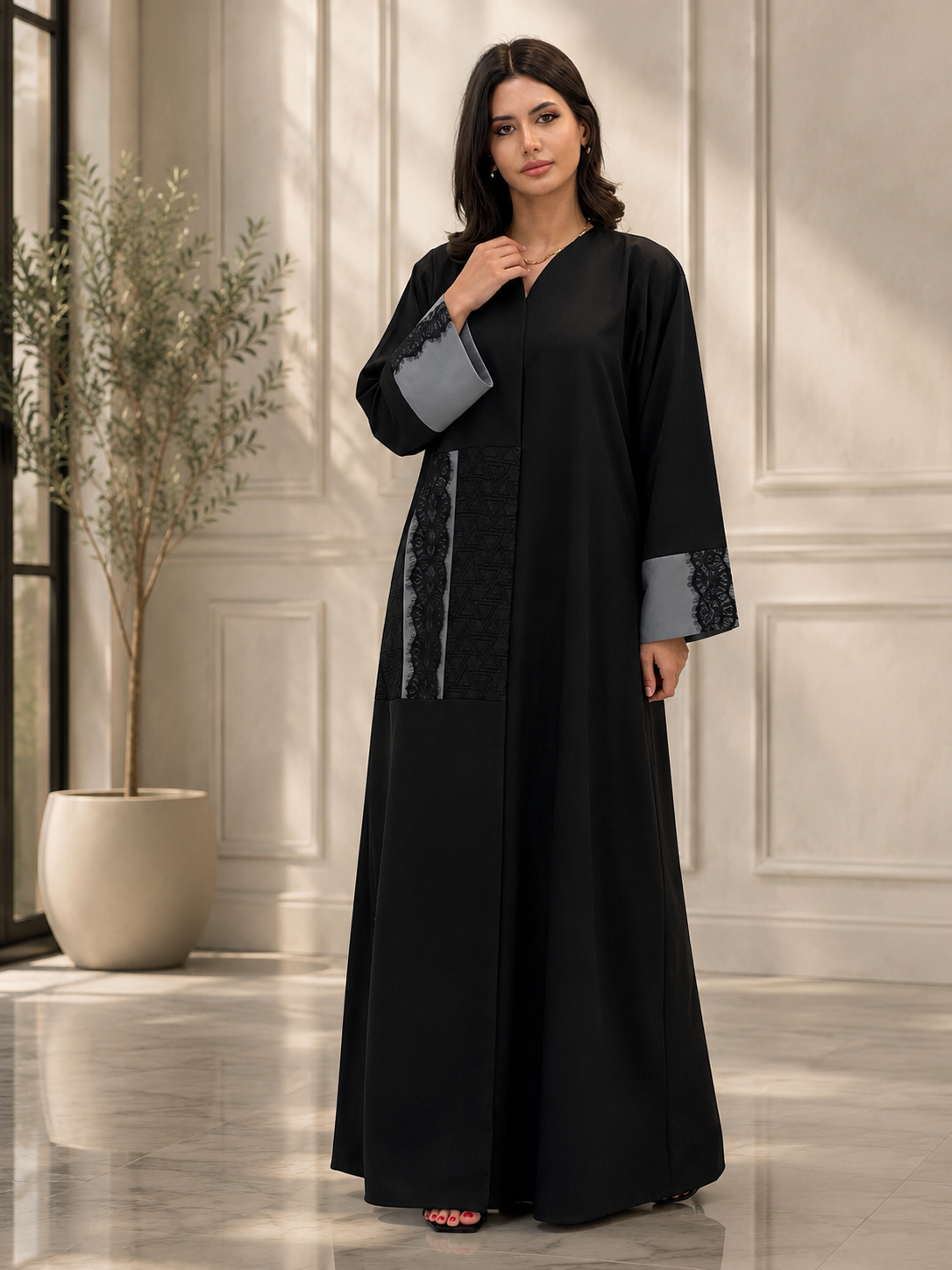 Al Dhabyaniyah Black Marina Dantel Lace Panel Abaya