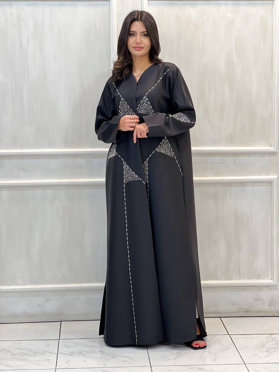 Al Dhabyaniyah Geometric Embroidered Structured Satin Abaya