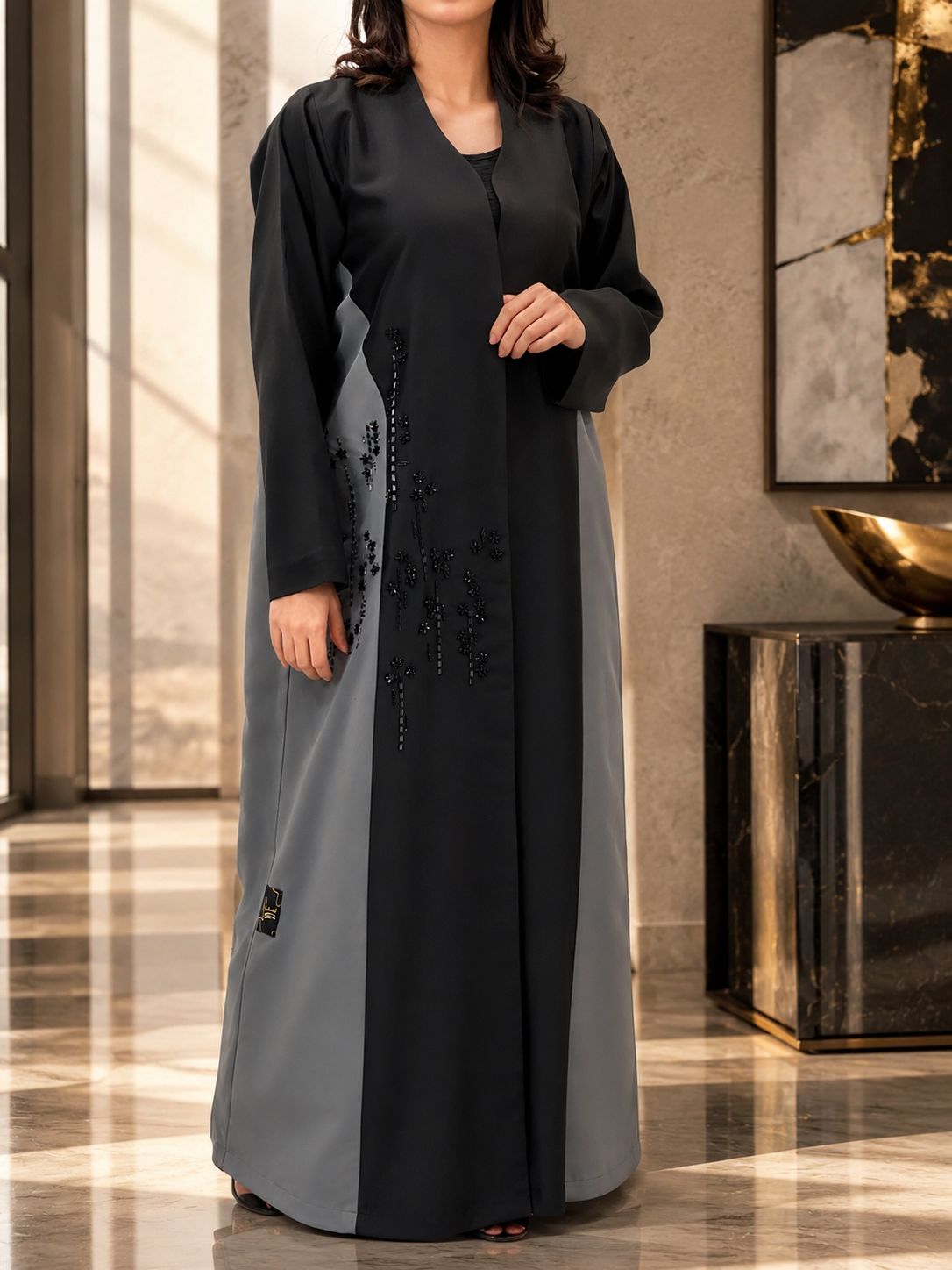 Al Dhabyaniyah Black & Grey Floral Beaded Satin Abaya