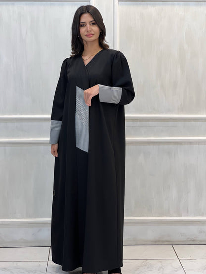 Al Dhabyaniyah Grey Panel Beaded Japanese Marina Abaya