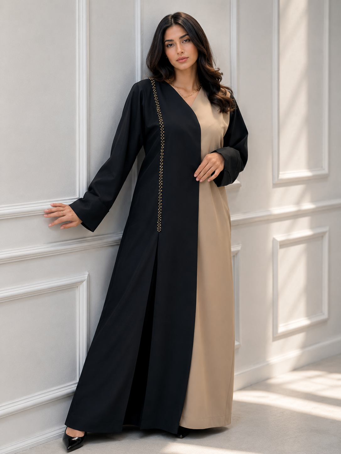 Al Dhabyaniyah Two-Tone Black & Gold Beaded Satin Abaya