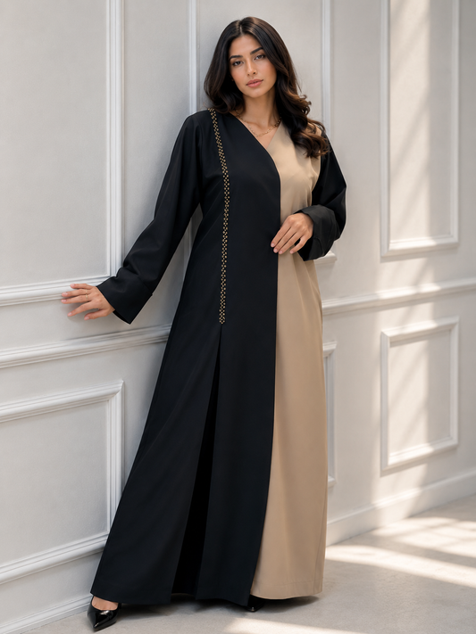 Al Dhabyaniyah Two-Tone Black & Gold Beaded Satin Abaya