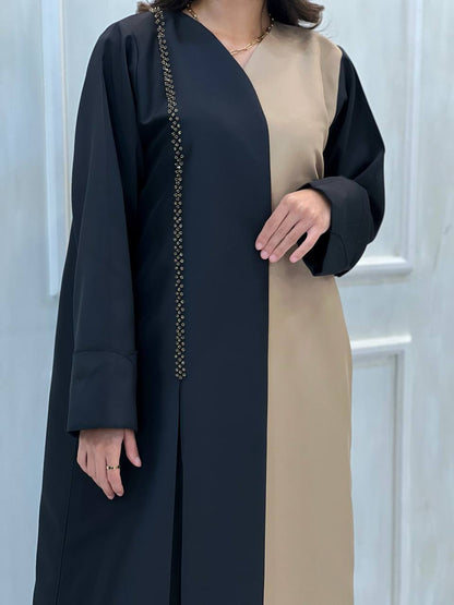 Al Dhabyaniyah Two-Tone Black & Gold Beaded Satin Abaya