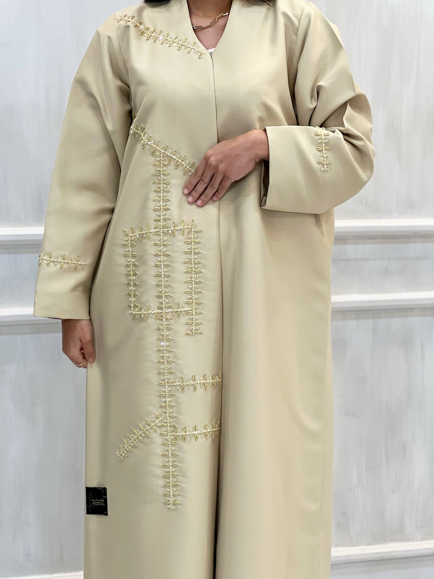 Al Dhabyaniyah Beige Handwork Beaded Satin Abaya
