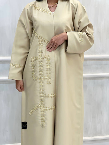 Al Dhabyaniyah Beige Handwork Beaded Satin Abaya