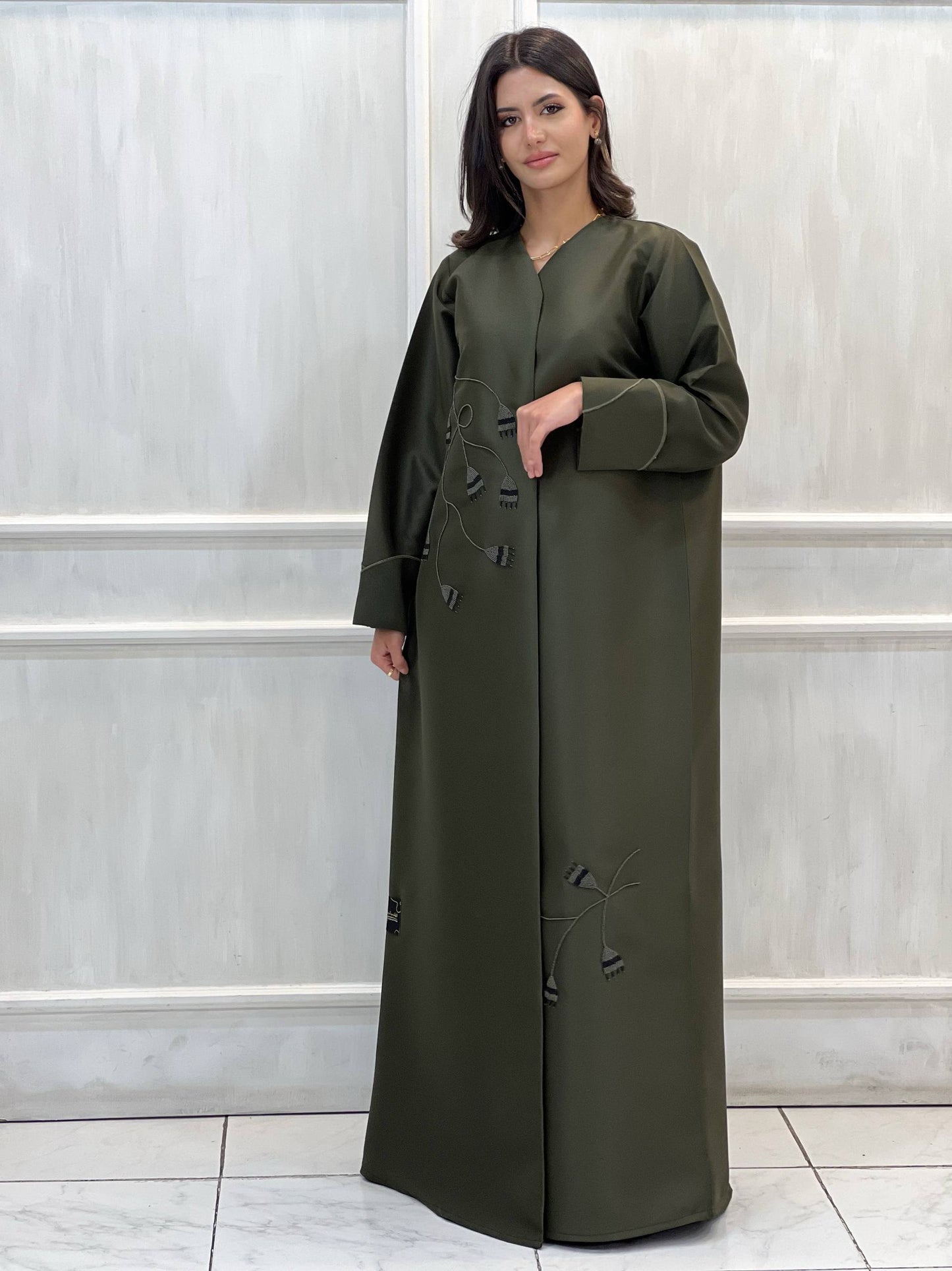 Al Dhabyaniyah Royal Green Tassel Beaded Satin Abaya