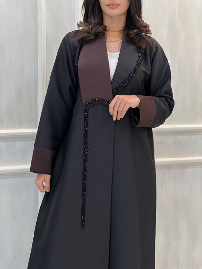 Al Dhabyaniyah Brown Collar Beaded Marina Abaya